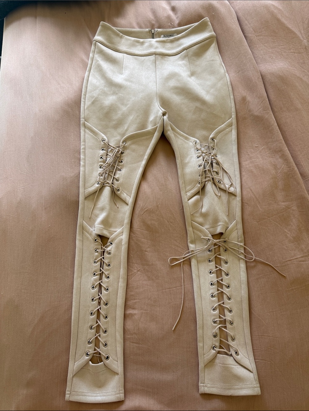 White Fox Boutique Cream Lace-Up High-Waist Straight Leg Pants